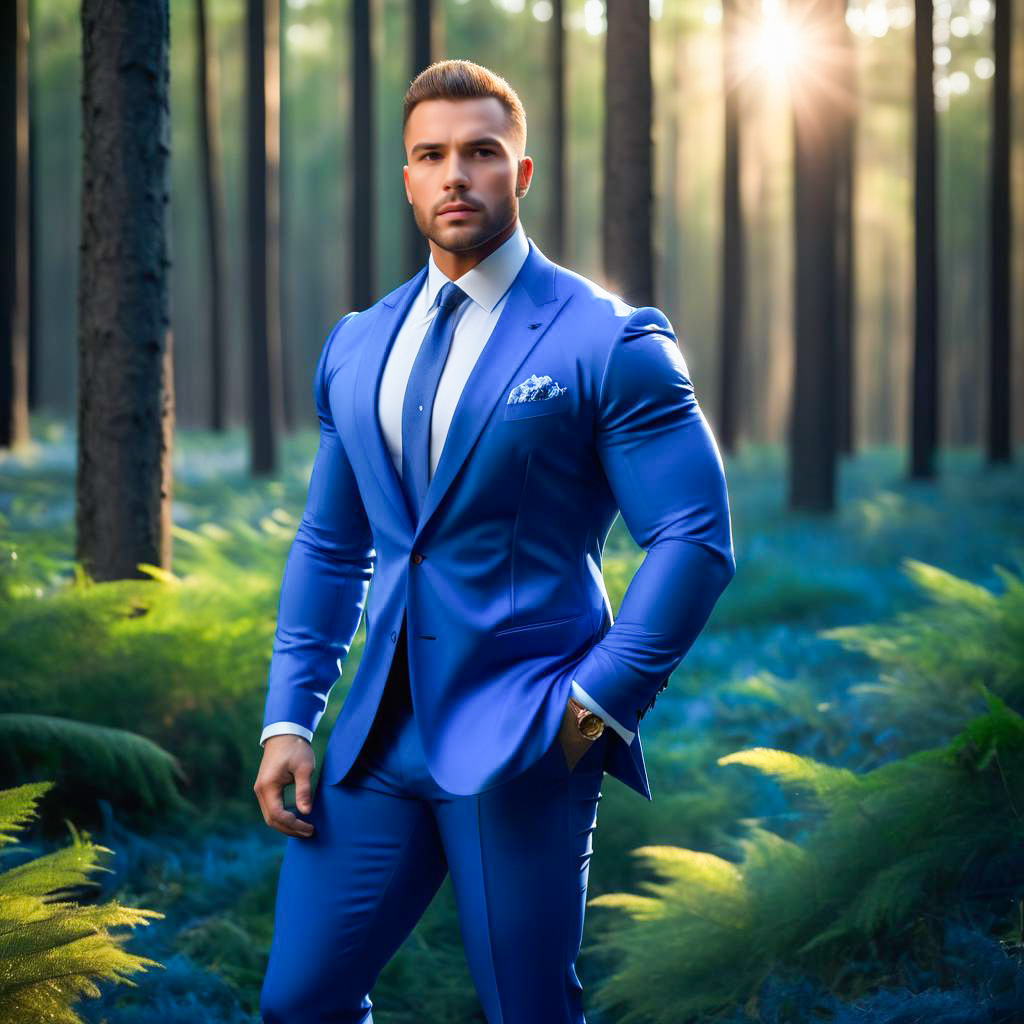 Confident Man in Blue Suit in Serene Forest