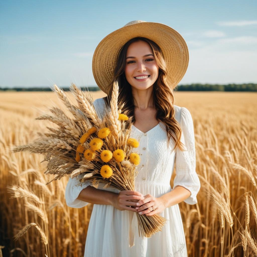 Woman in White Dress Holding Bouquet in Wheat Field on Sunny Day