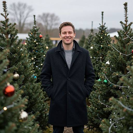 Man Standing Among Decorated Christmas Trees Outdoors
