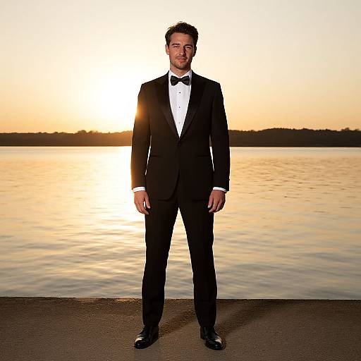 Man in Black Tuxedo Standing by Water at Sunset