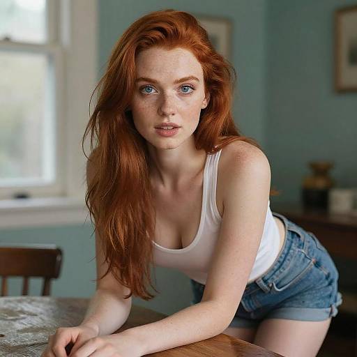Red-Haired Woman in White Tank Top and Denim Shorts Leaning on Wooden Table