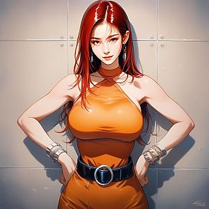 Stylish Woman in Orange Outfit Against Tiled Wall