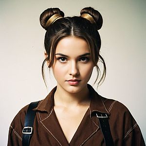 Confident Young Woman with Brown Hair in Stylish Outfit