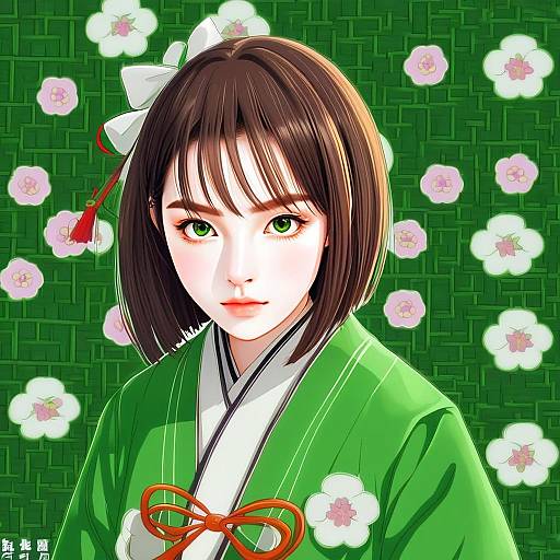 Arima Miyako Anime Style Portrait in Green Kimono