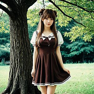 Young Woman in Brown Sailor Dress Standing by Tree in Natural Setting