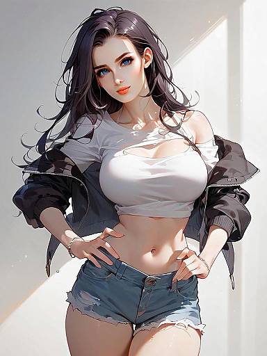 Anime Style Confident Woman in Cropped Top and Denim Shorts Illustration