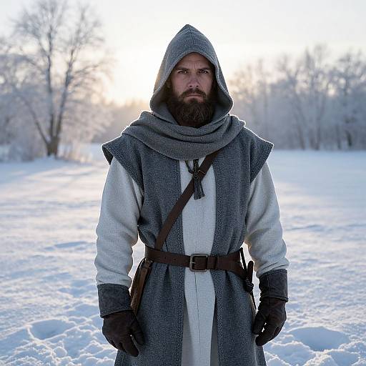 Medieval Man in Hooded Cloak Standing in Snowy Winter Landscape