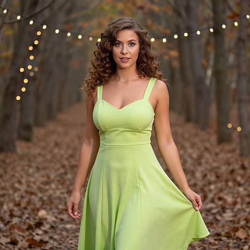 Woman in Light Green Dress Standing on Autumn Forest Path with String Lights