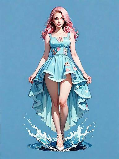 Realistic Comic Style Woman in Blue Bohemian Dress Full Body Illustration