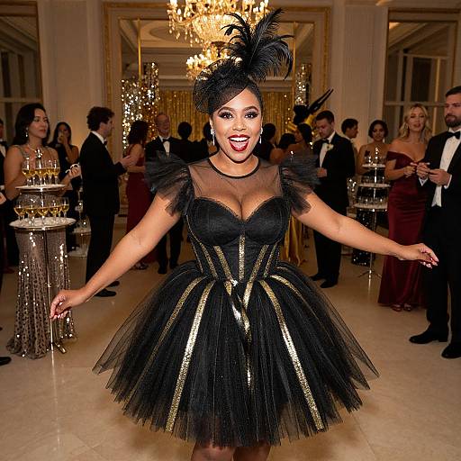 Elegant Woman in Black Tulle Dress with Gold Accents at Formal Ball