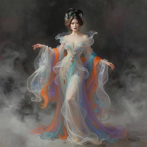 Elegant Woman in Flowing Multicolor Fantasy Gown with Ethereal Smoky Background
