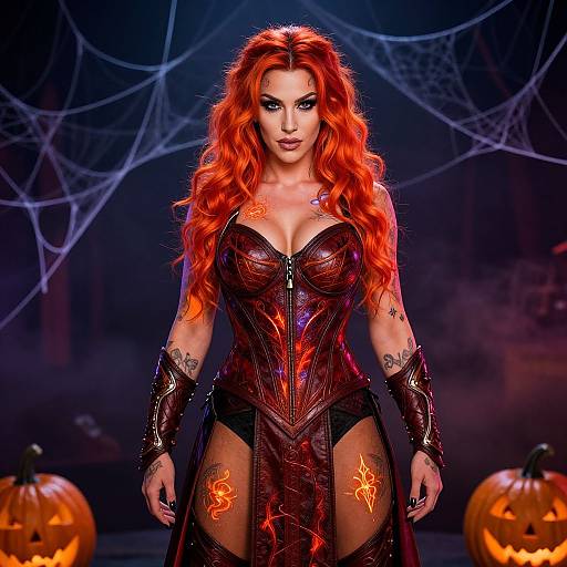 Fiery Red-Haired Woman in Fantasy Leather Corset Halloween Costume