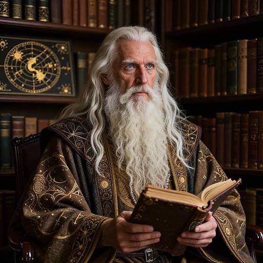 Wise Elder Wizard Reading Ancient Book in Magical Library