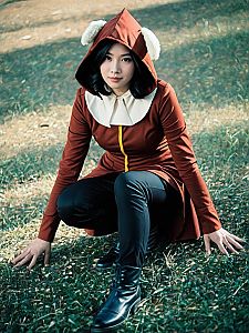 Realistic Photo of Woman Cosplaying Maron Costume in Outdoor Setting