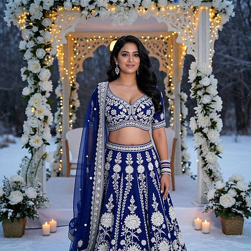 Elegant Woman in Royal Blue Embroidered Lehenga at Floral Gazebo