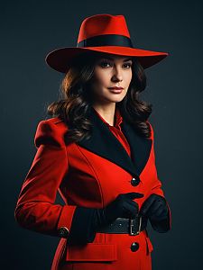 Photorealistic Portrait of Woman in Carmen Sandiego Red Costume