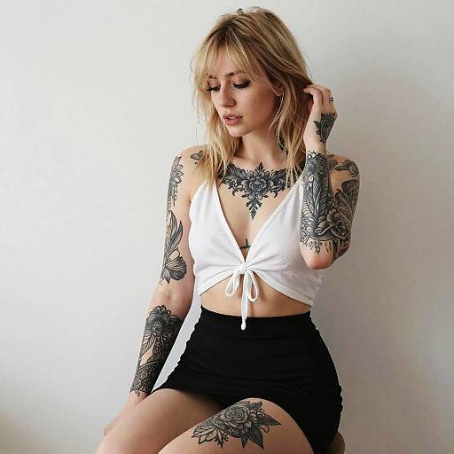 Tattooed Woman in White Crop Top and Black Skirt Posing Stylishly