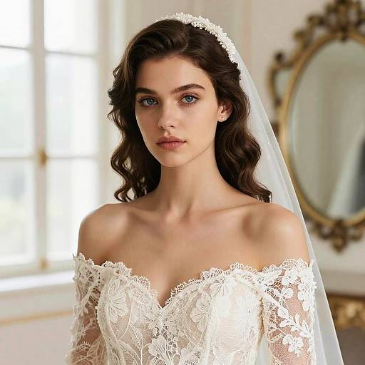 Elegant Off-Shoulder Lace Wedding Dress Bride Portrait