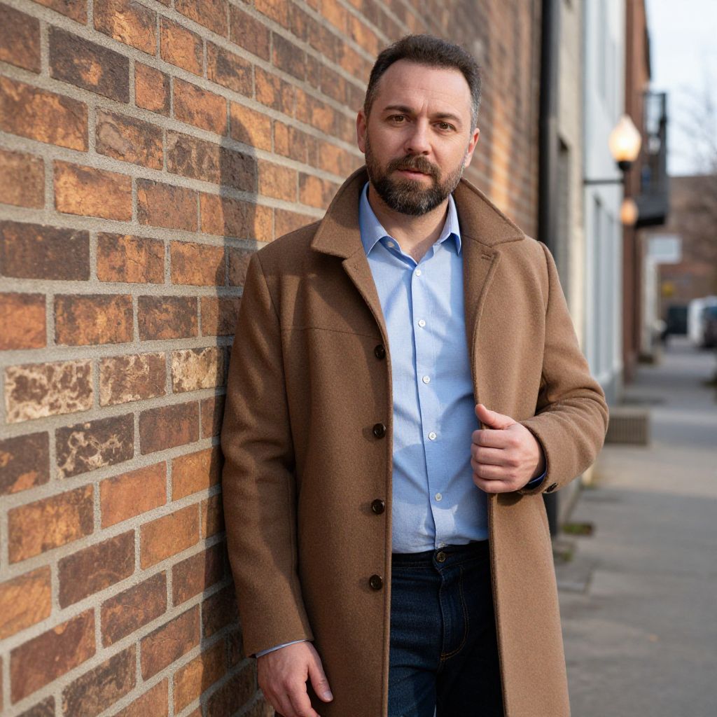 Stylish Man in Brown Overcoat Standing by Brick Wall in Urban Setting