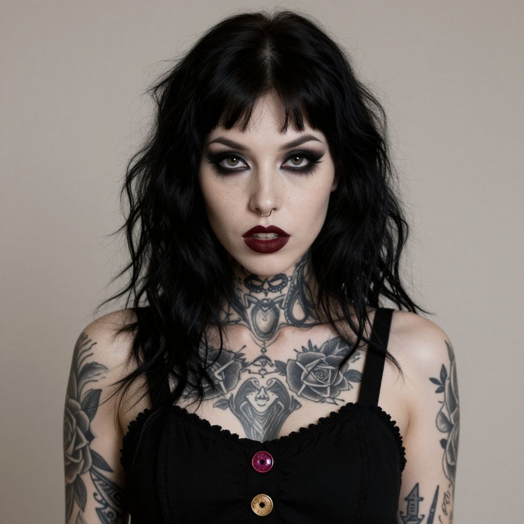 Gothic Woman with Dark Hair and Full Sleeve Tattoos Portrait