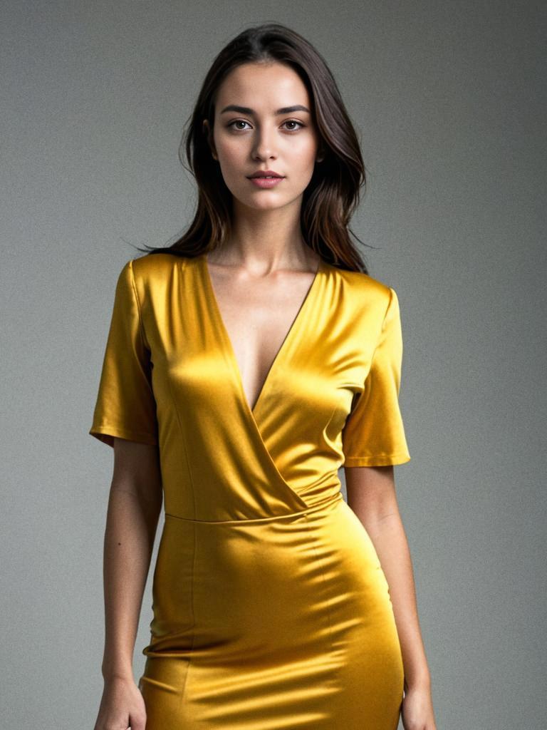 Elegant Woman in Golden Satin Dress