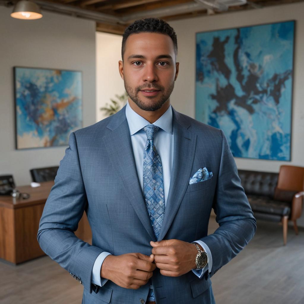 Confident Man in Blue Suit in Stylish Office