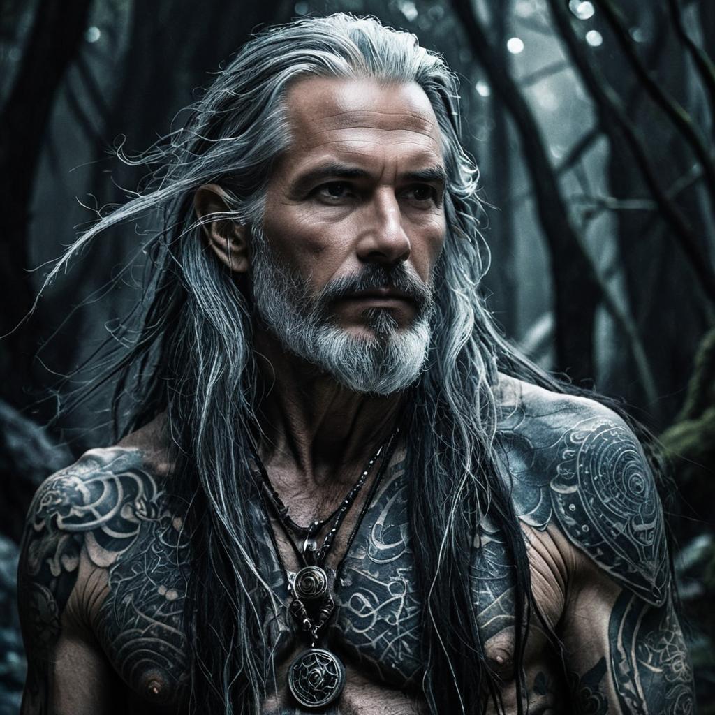 Mature Tattooed Man with Long Silver Hair in Mystical Forest Portrait
