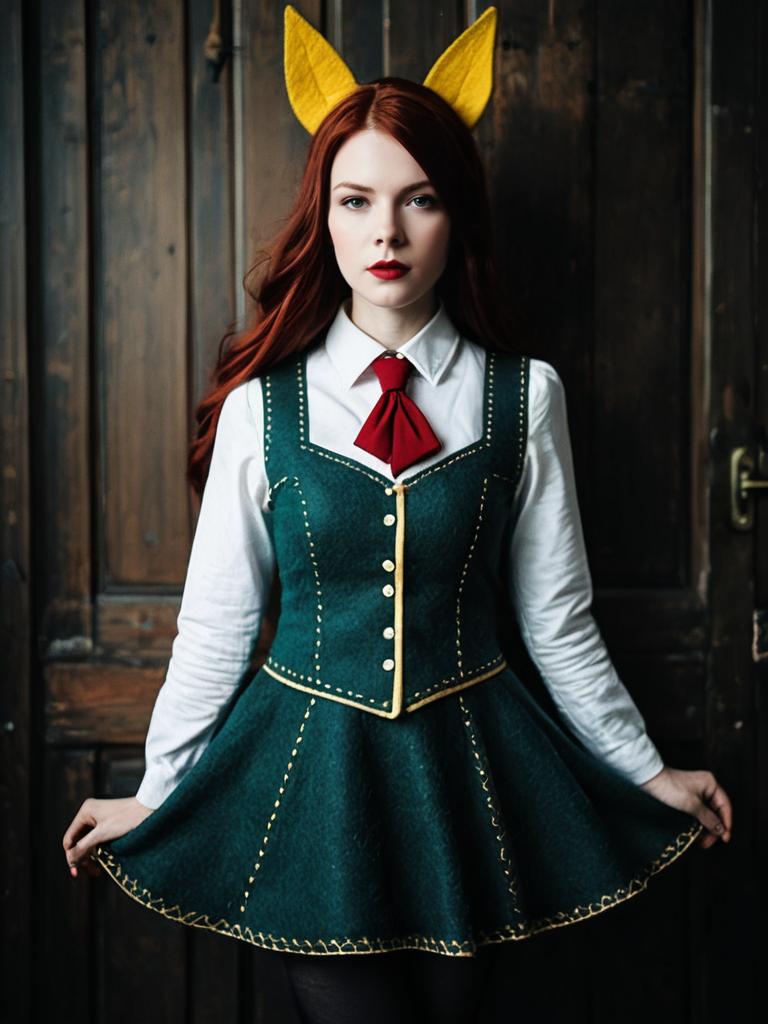 Sexy Woman in Green Felt Cosplay Costume with Yellow Fox Ears