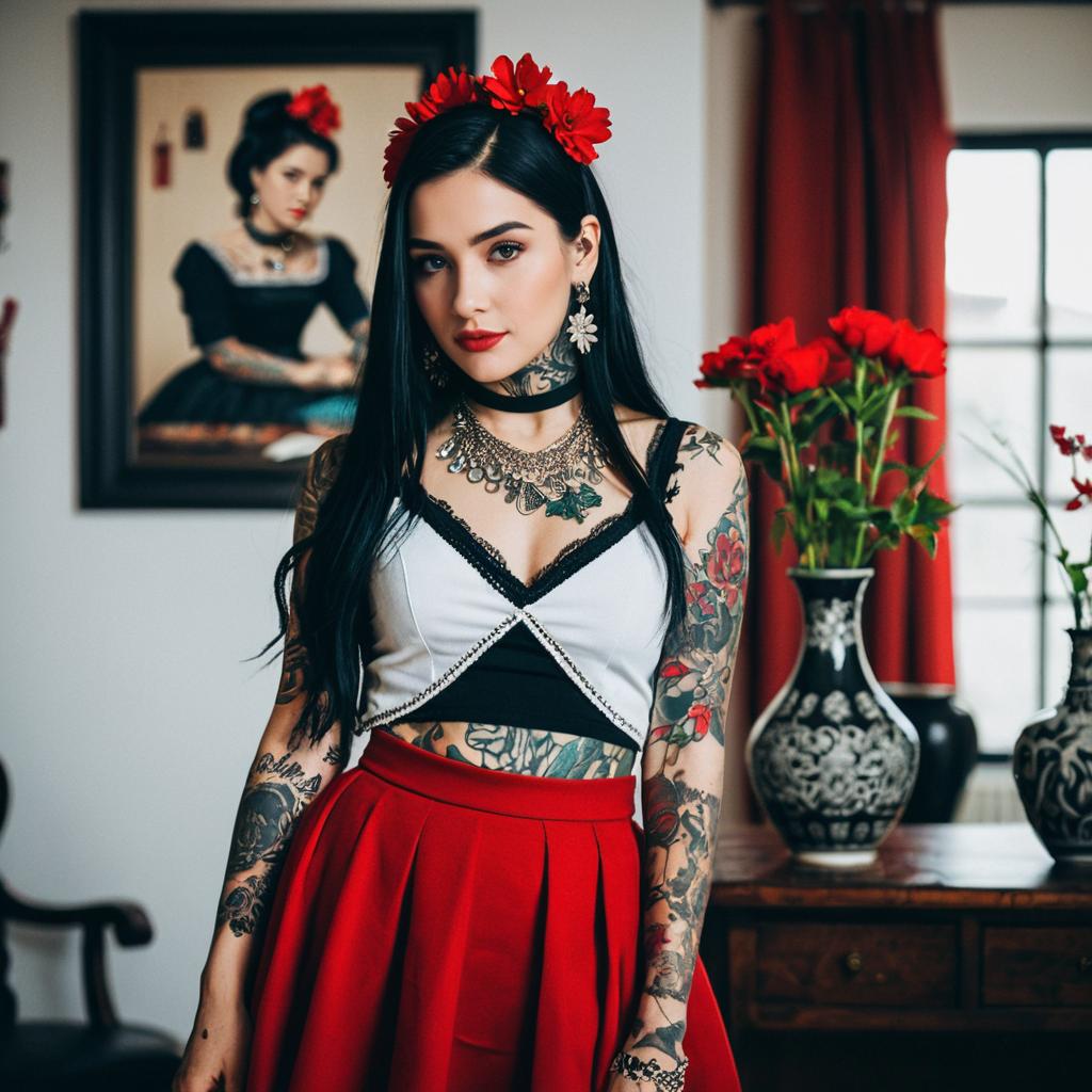 Tattooed Woman in Vintage Room with Red Flowers