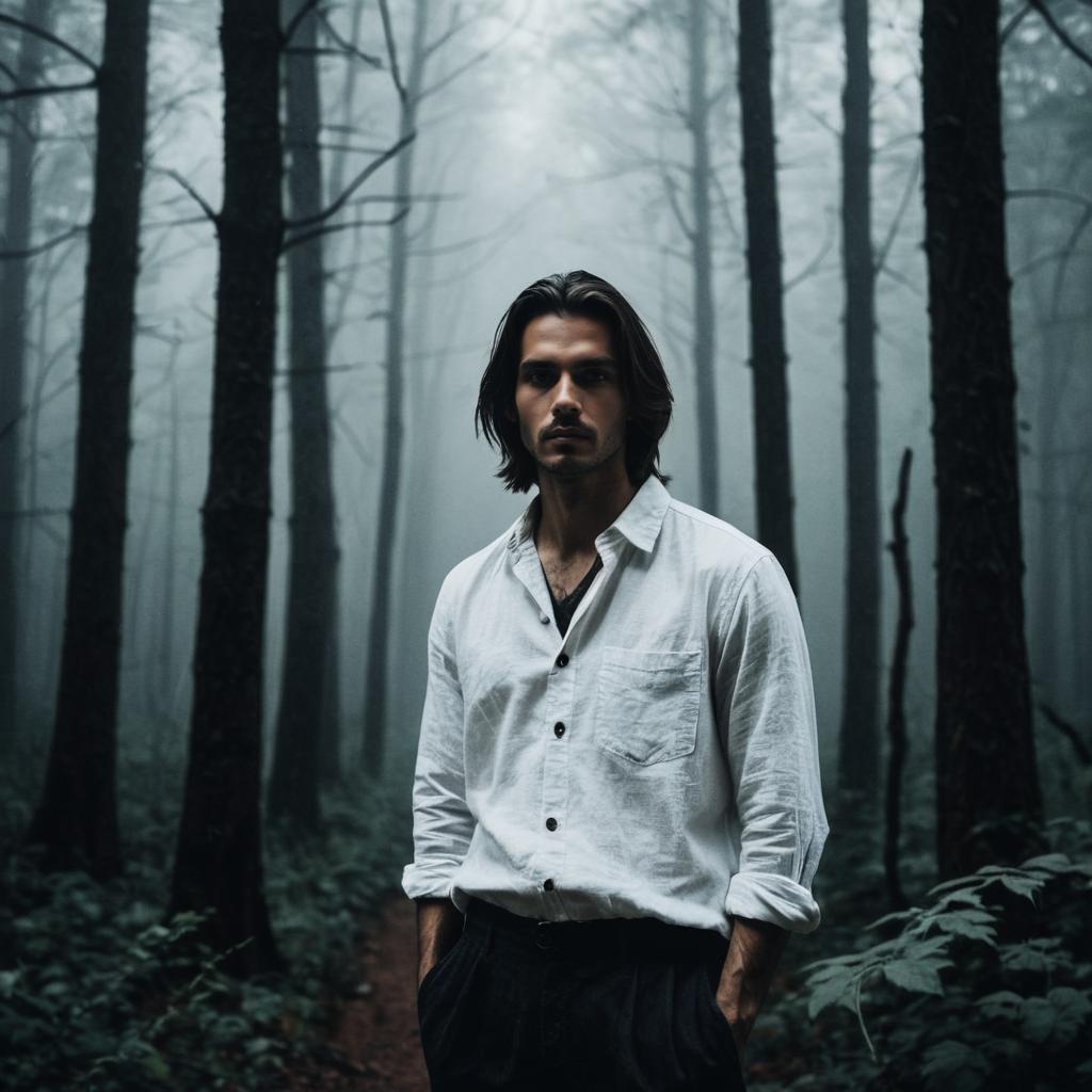 Confident Young Man in Misty Forest
