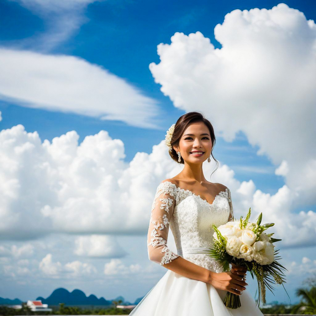 Smiling Bride in Elegant White Lace Dress Outdoors
