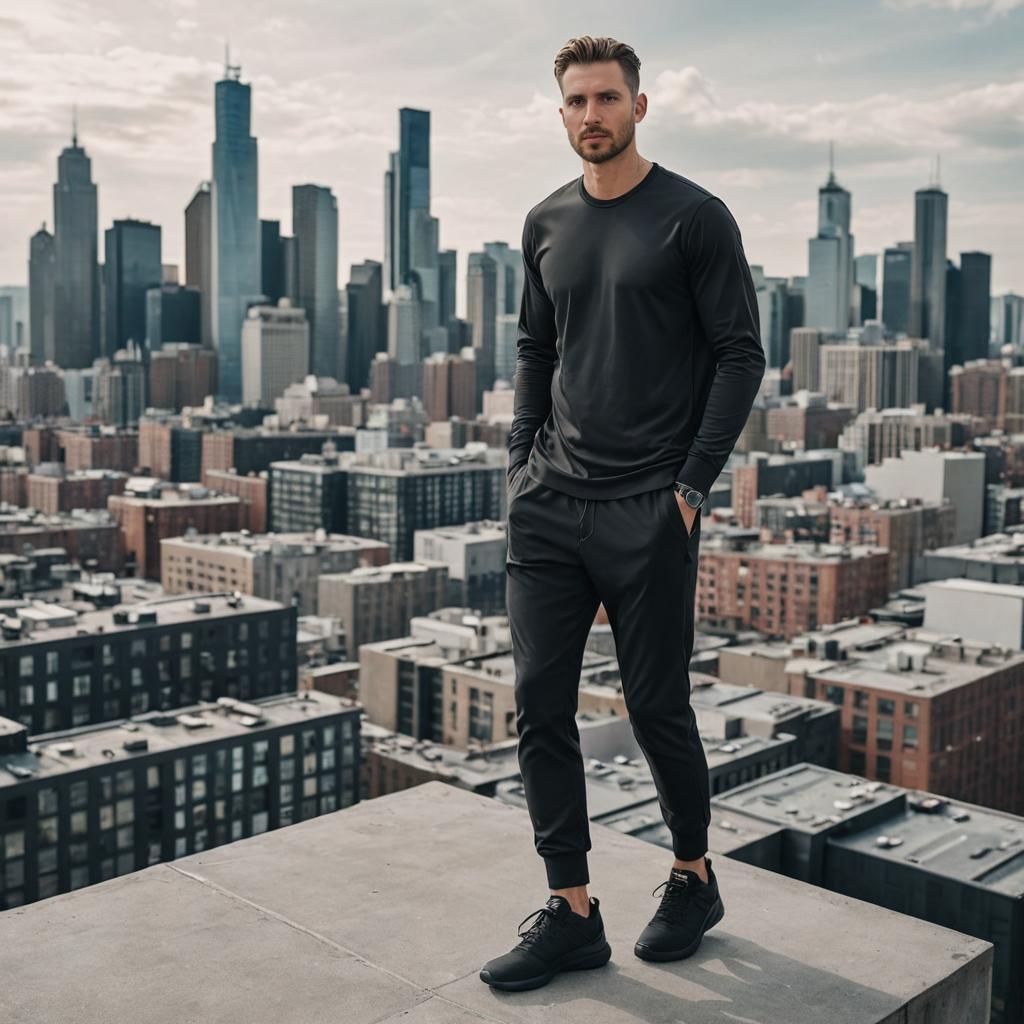 Confident Man on Rooftop with City Skyline