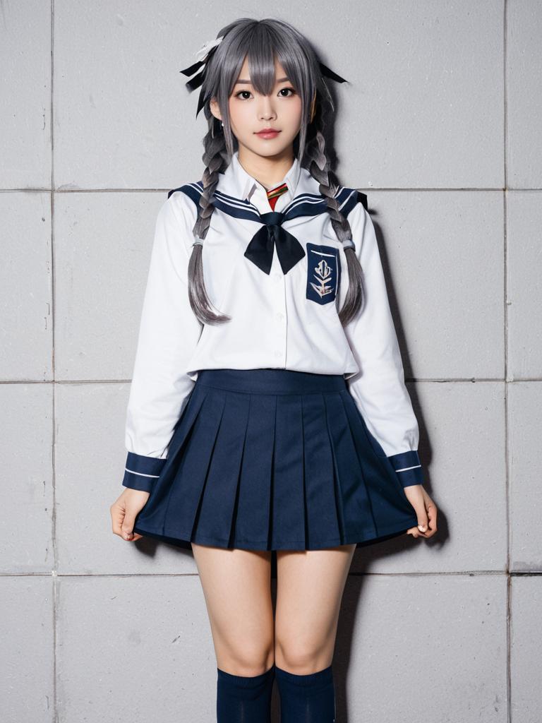 Young Woman in Japanese Sailor School Uniform Cosplay Hamanami Kancolle
