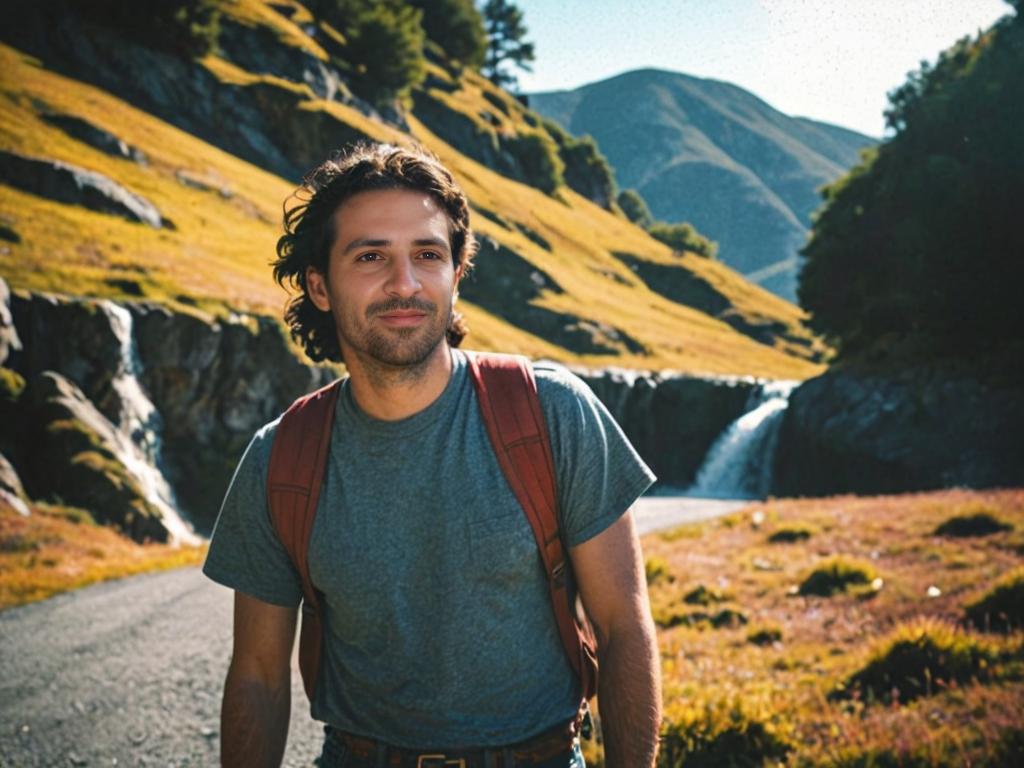 Man Hiking with Backpack by Waterfall