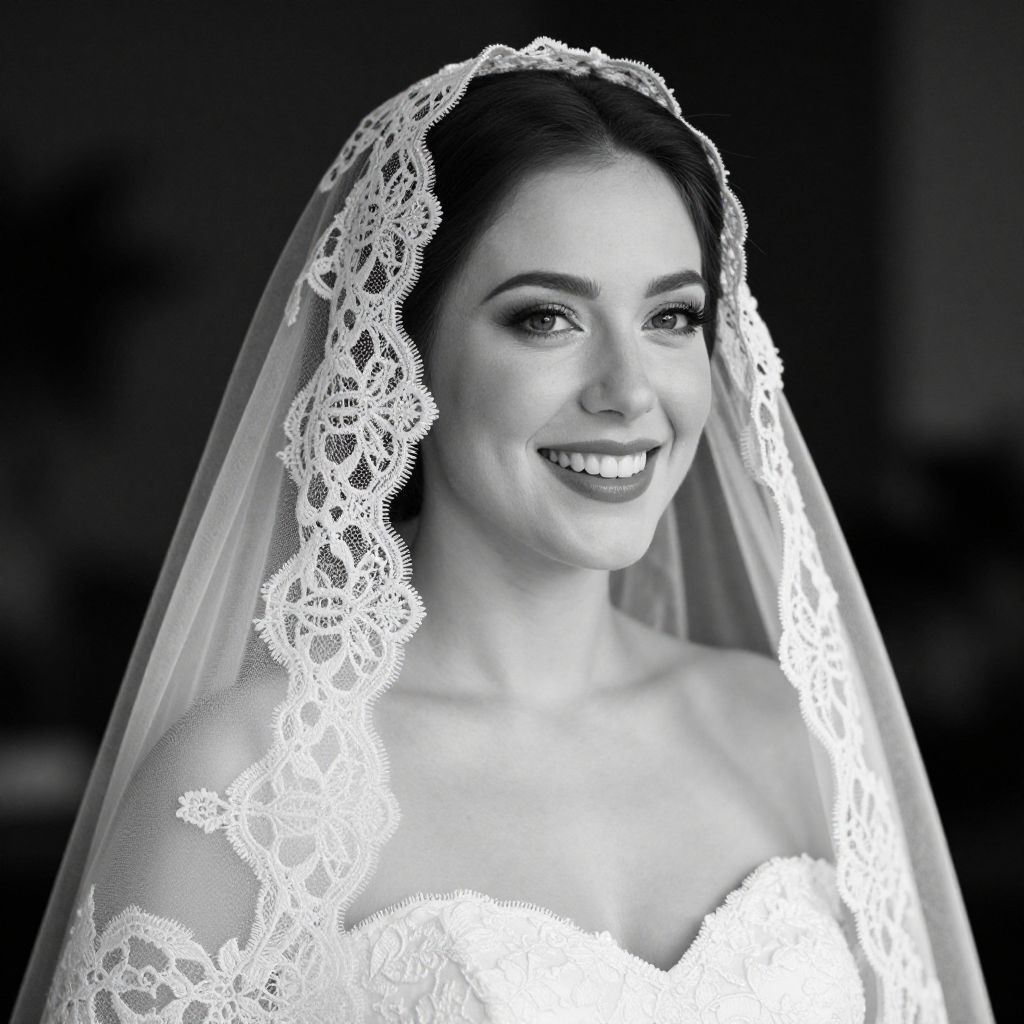 Elegant Bride Wearing Lace Veil and Wedding Dress Black and White Portrait