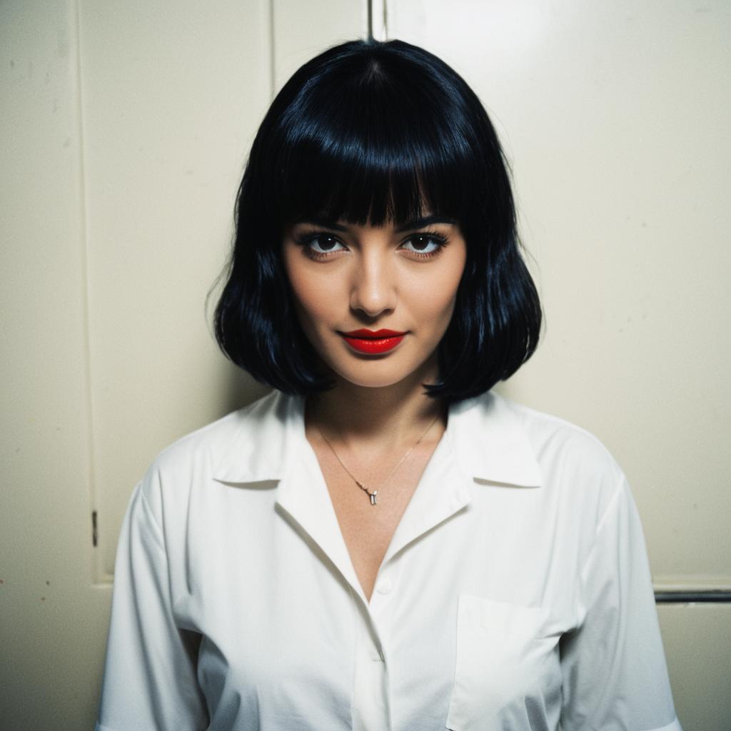 Portrait of Woman with Black Bob Hair and Red Lipstick in White Shirt