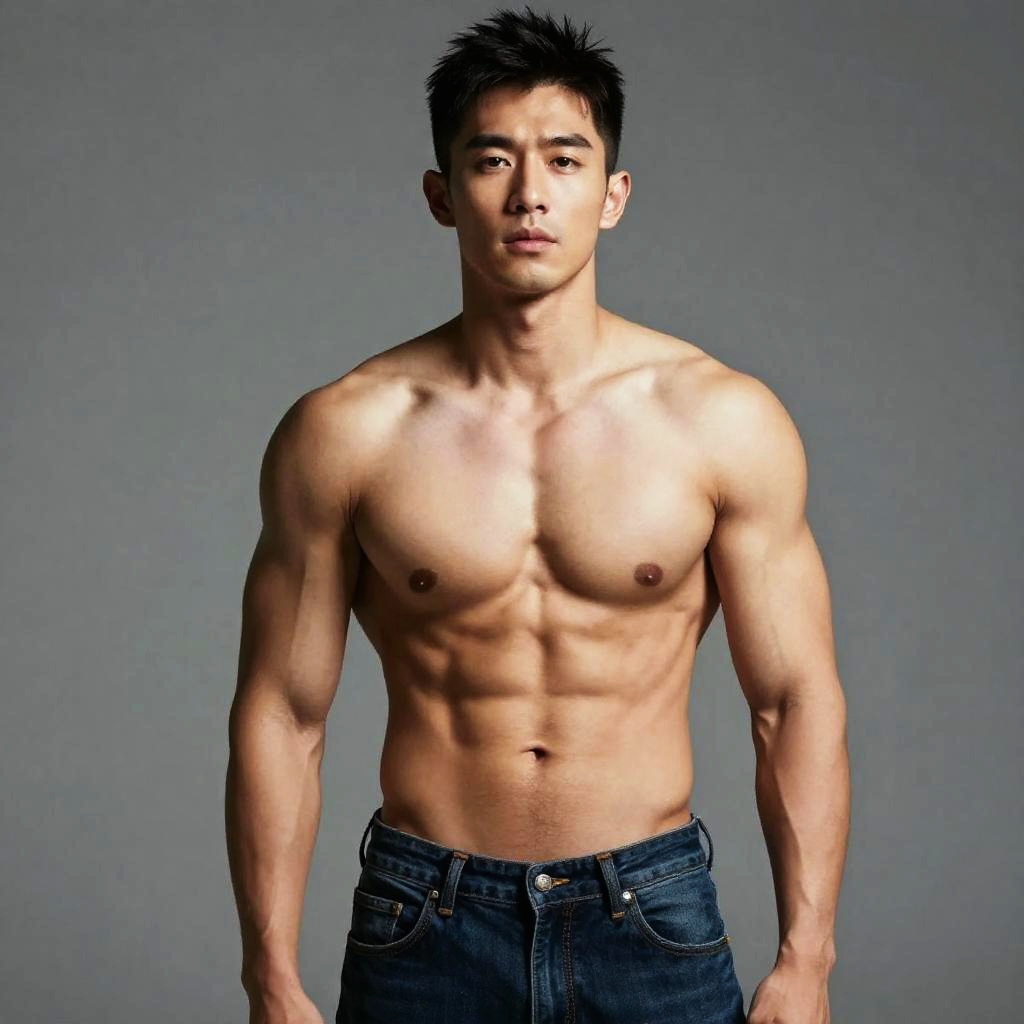 Muscular Asian Man Shirtless Wearing Jeans Fitness Model