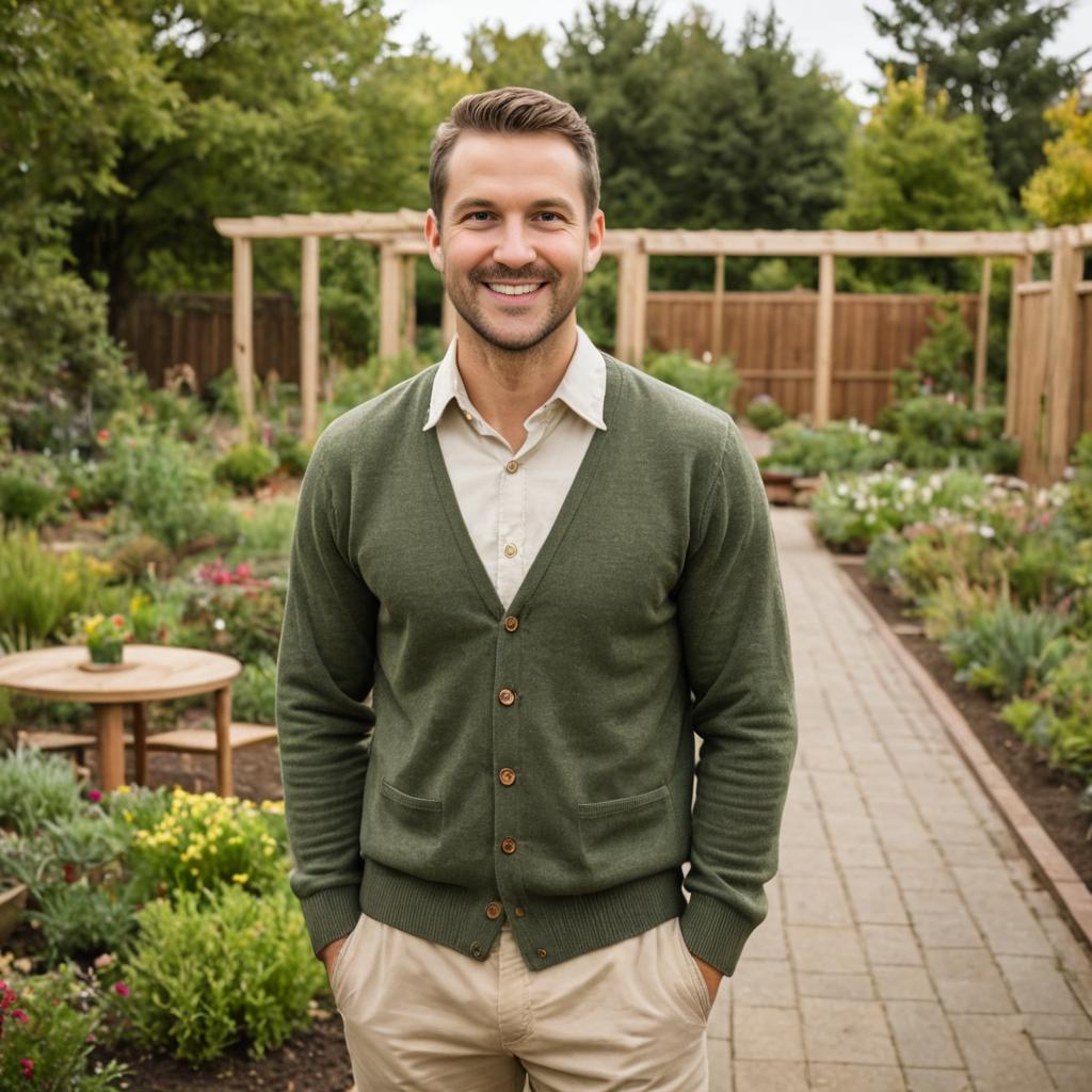 Smiling man in green cardigan in garden