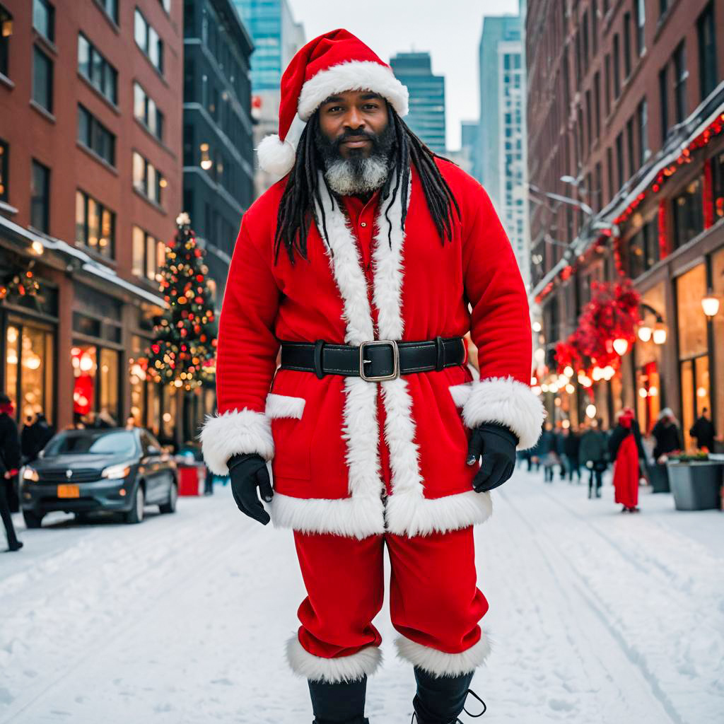 Man Dressed as Santa Claus in Festive Snowy City Street
