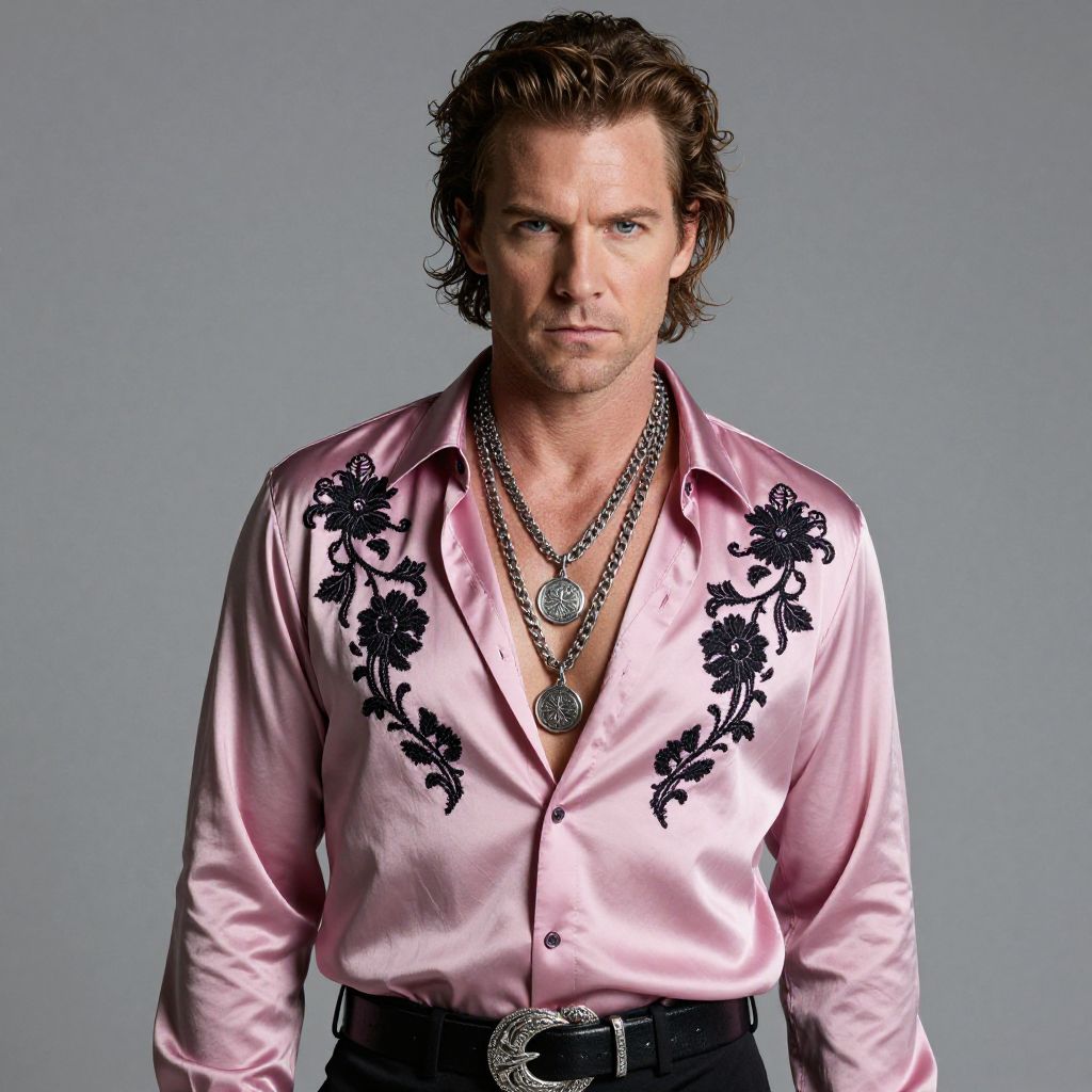 Man Wearing Pink Satin Embroidered Shirt with Silver Necklaces
