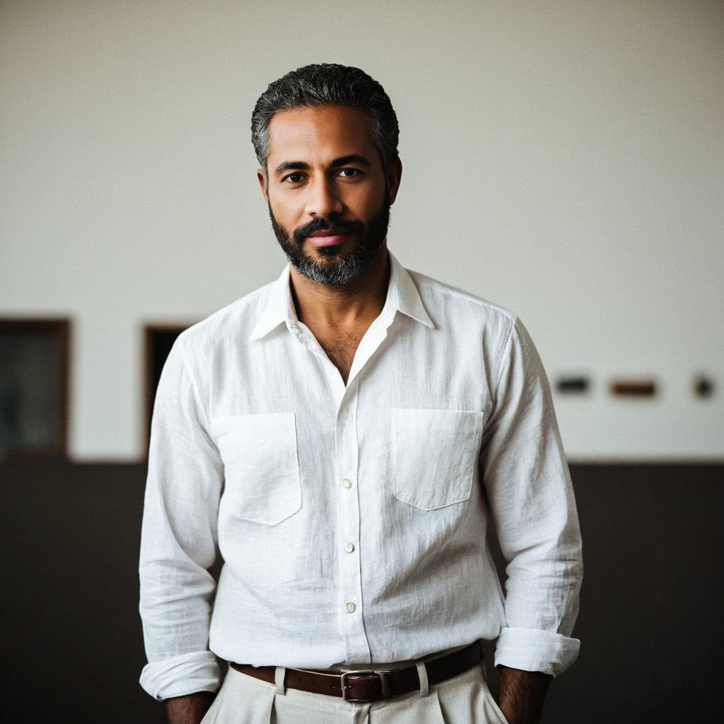 Confident Man in White Linen Shirt Confident Man in White Linen Shirt