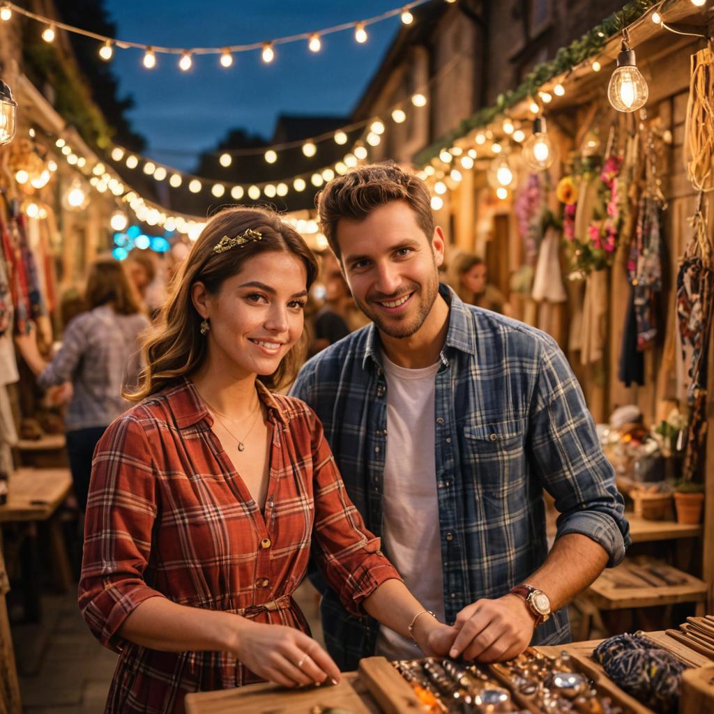 Cheerful couple at a vibrant street market with string lights