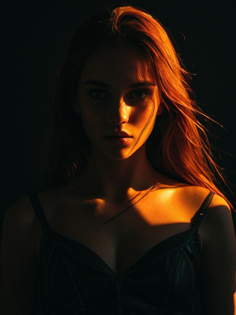 Dramatic Portrait of Woman with Red Hair in Warm Light