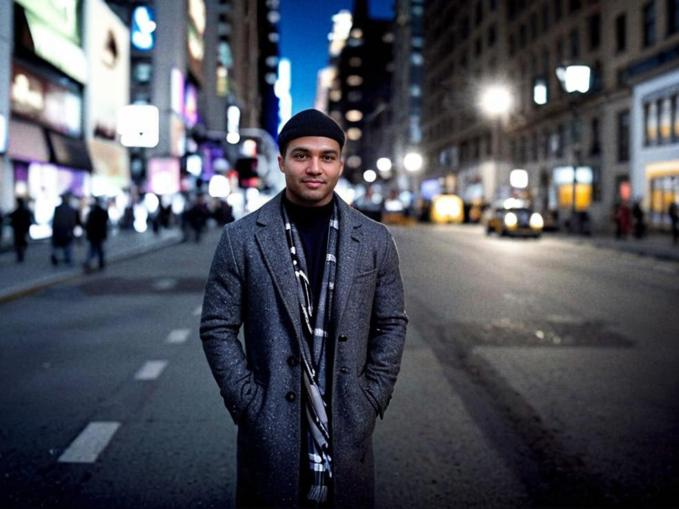 Man in Gray Coat and Scarf in Vibrant Urban Night Scene