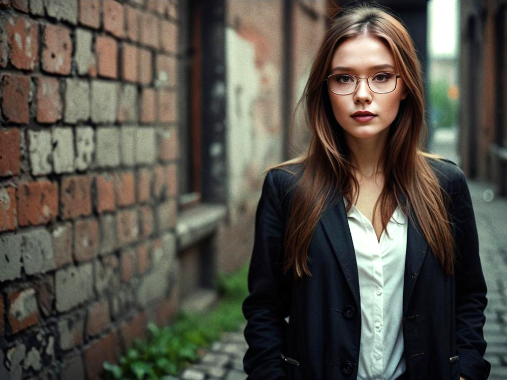 Confident Woman in Blazer Against Brick Wall