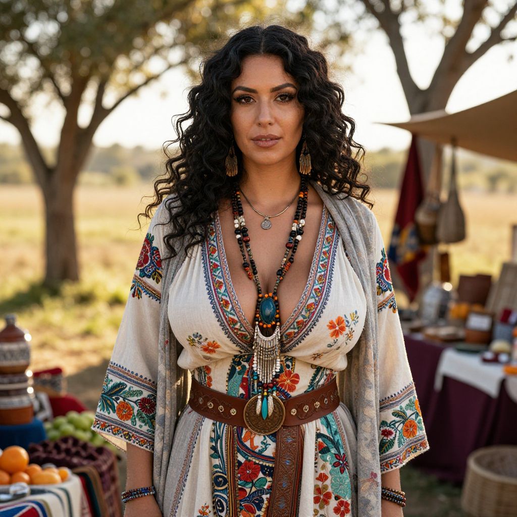 Bohemian Woman in Floral Embroidered Dress with Rustic Outdoor Market Background
