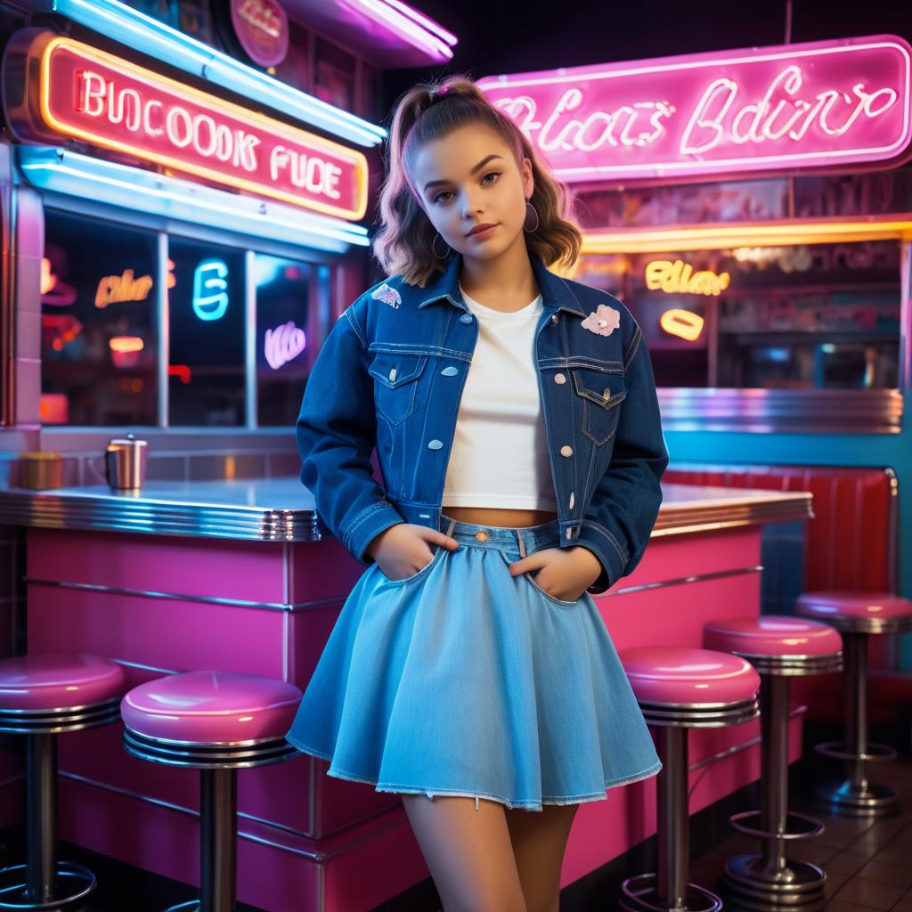 Young Woman in Denim Jacket at Retro Diner