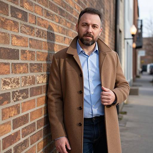 Stylish Man in Brown Overcoat Standing by Brick Wall in Urban Setting