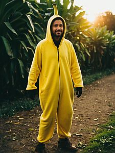 Man in Banana Costume Photorealistic Outdoor Portrait Golden Hour