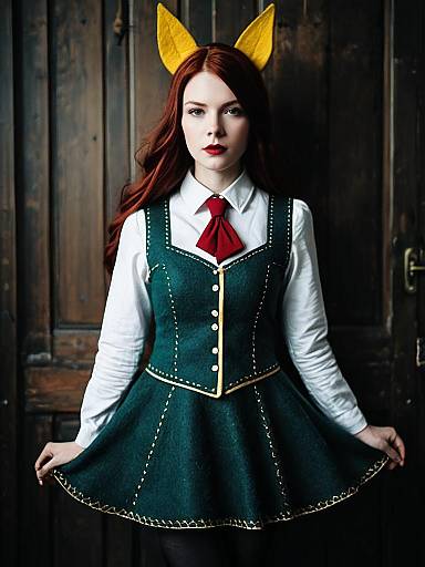 Sexy Woman in Green Felt Cosplay Costume with Yellow Fox Ears